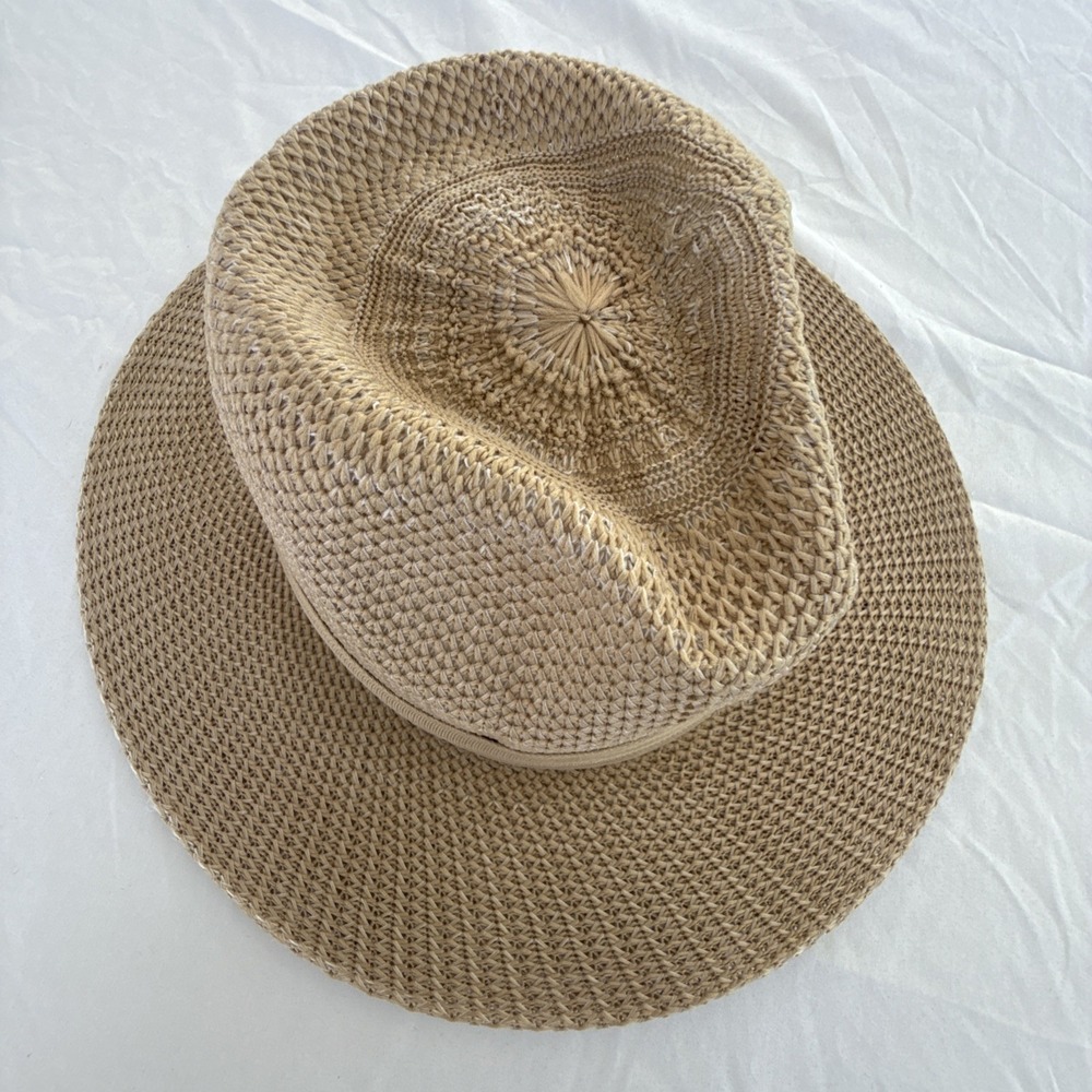 Women's Tan Straw Wide Brim Panama Beach Roll Up Bucket Hat Cap Size OS - Picture 3 of 5